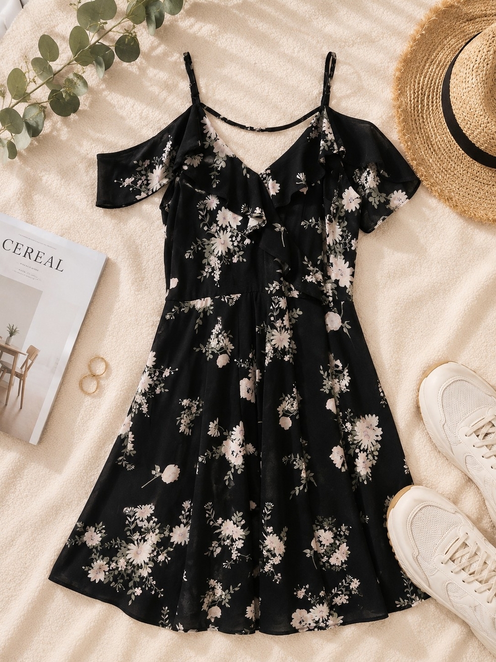 Streetwear Society Black Floral One-Shoulder Summer Dress